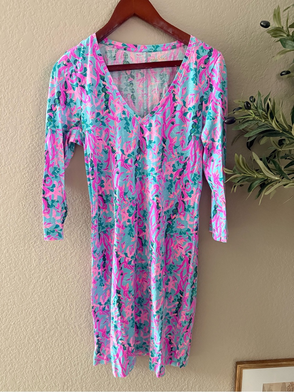 Lilly Pulitzer Tessa 3/4 Sleeve V-Neck Dress Seaweed Bamba 100% cotton